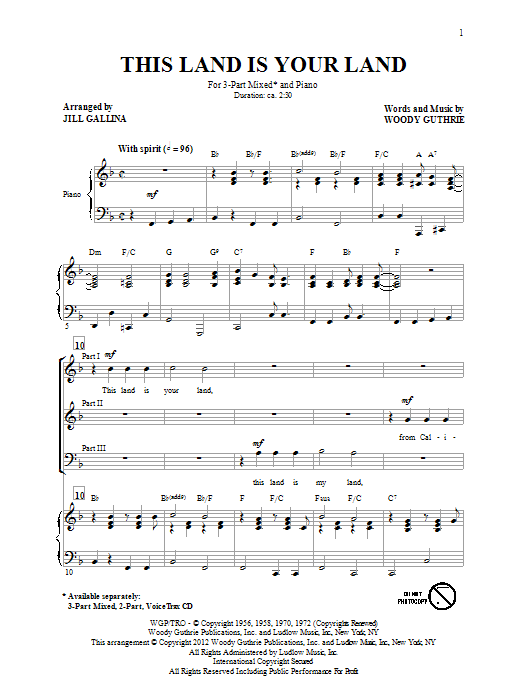 Learn to play Jill Gallina This Land Is Your Land sheet music for 3-Part Mixed Choir in minutes. Price: 3.9900$ Jill Gallina This Land Is Your Land sheet music notes and chords arranged for 3-Part Mixed Choir