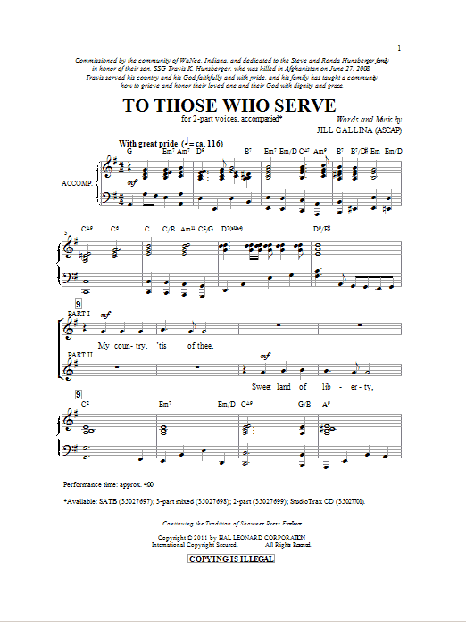 Learn to play Jill Gallina To Those Who Serve sheet music for 3-Part Mixed Choir in minutes. Price: 3.9900$ Jill Gallina To Those Who Serve sheet music notes and chords arranged for 3-Part Mixed Choir