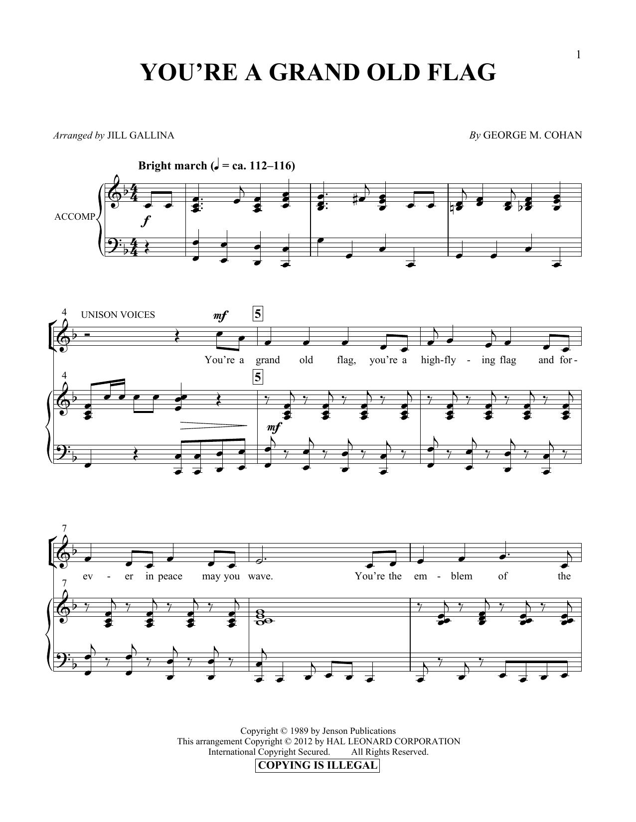 Learn to play Jill Gallina You're A Grand Old Flag sheet music for Vocal Duet in minutes. Price: 6.9900$ Jill Gallina You're A Grand Old Flag sheet music notes and chords arranged for Vocal Duet