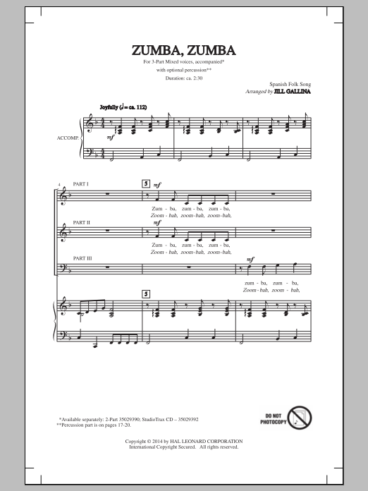 Jill Gallina Zumba, Zumba sheet music notes and chords. Download Printable PDF.