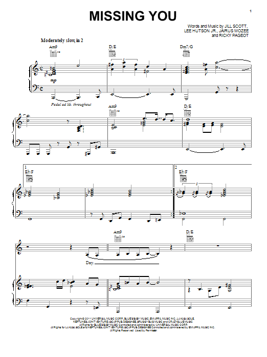 Jill Scott Missing You sheet music notes and chords. Download Printable PDF.