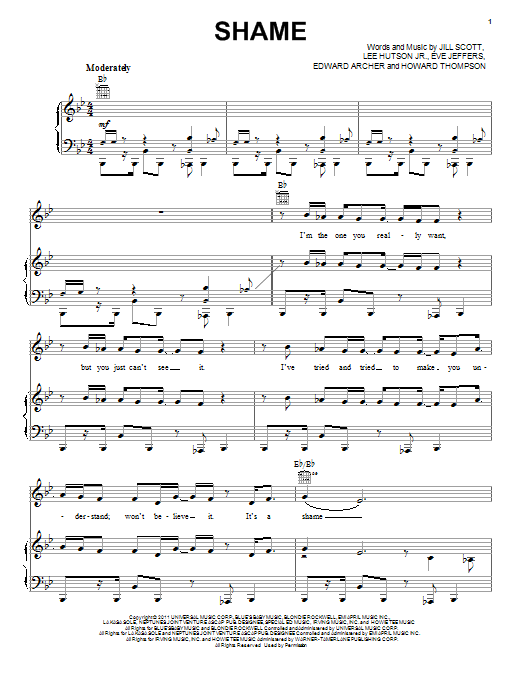 Jill Scott Shame sheet music notes and chords. Download Printable PDF.