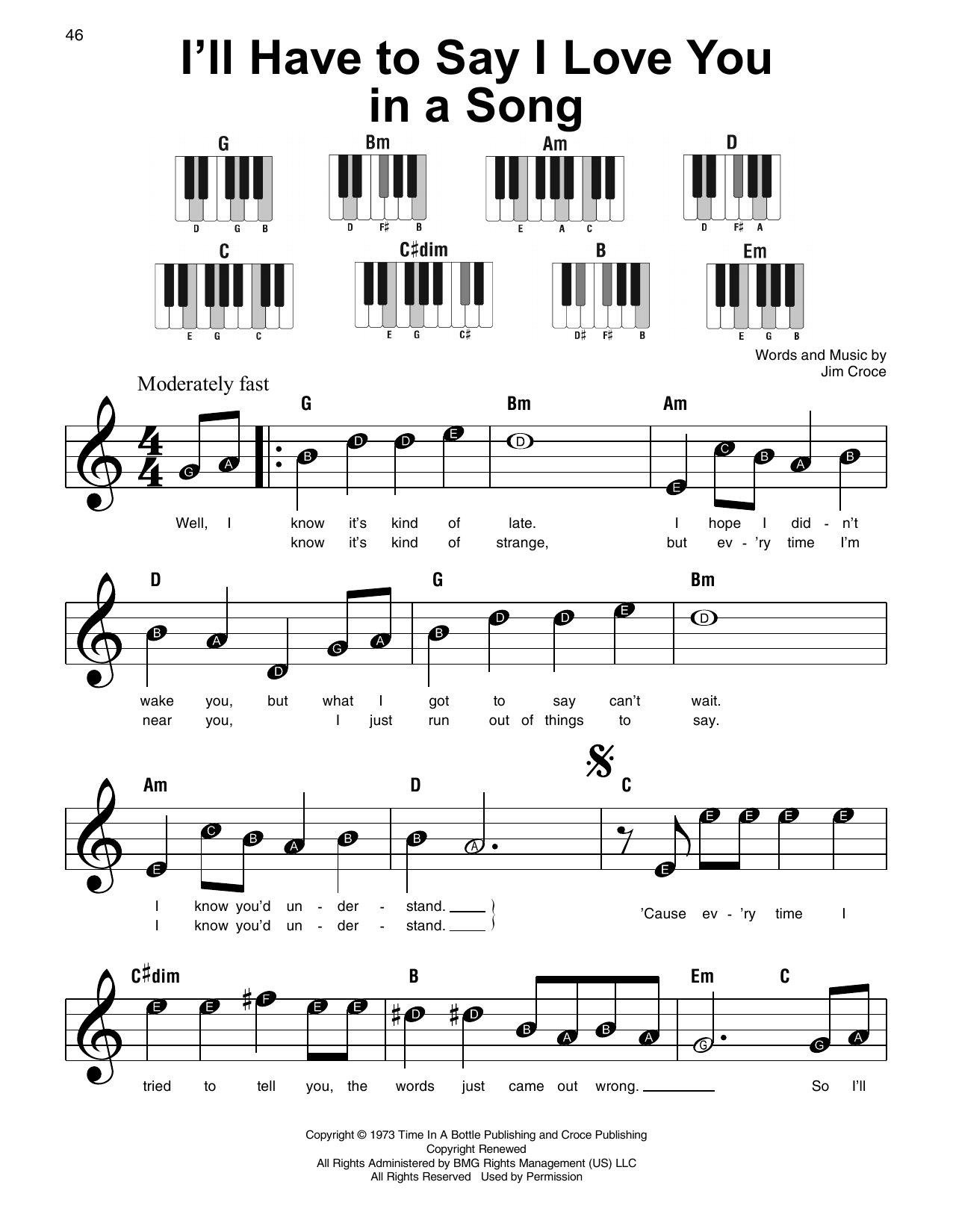 Jim Croce I'll Have To Say I Love You In A Song sheet music notes and chords. Download Printable PDF.