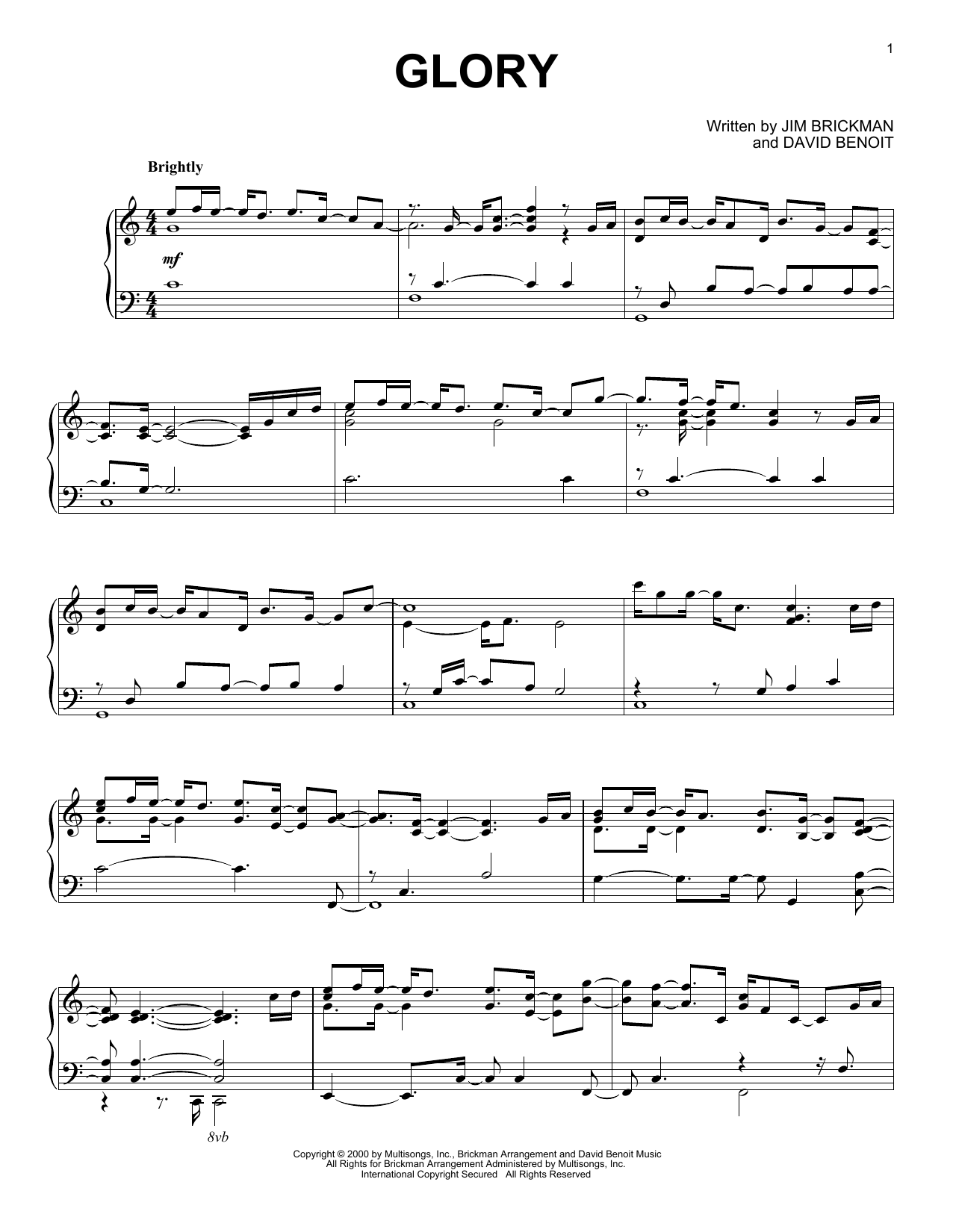 Learn to play Jim Brickman Glory sheet music for Piano Solo in minutes. Jim Brickman Glory sheet music notes and chords. Download Printable PDF.