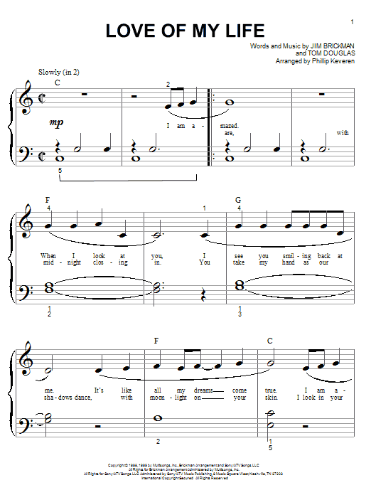 Learn to play Jim Brickman Love Of My Life sheet music for Big Note Piano in minutes. Price: 6.9900$ Jim Brickman Love Of My Life sheet music notes and chords arranged for Big Note Piano