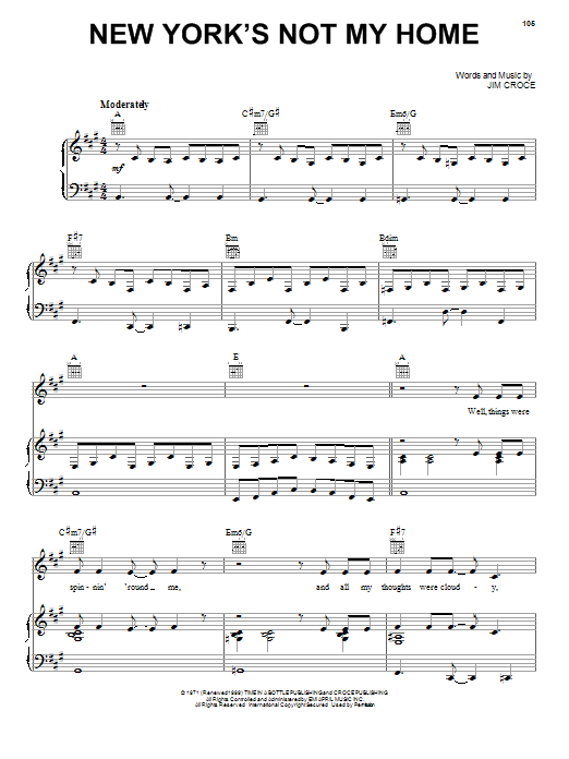dårlig mesterværk kalv Jim Croce "New York's Not My Home" Sheet Music PDF Notes, Chords | Pop  Score Piano, Vocal & Guitar (Right-Hand Melody) Download Printable. SKU:  71820
