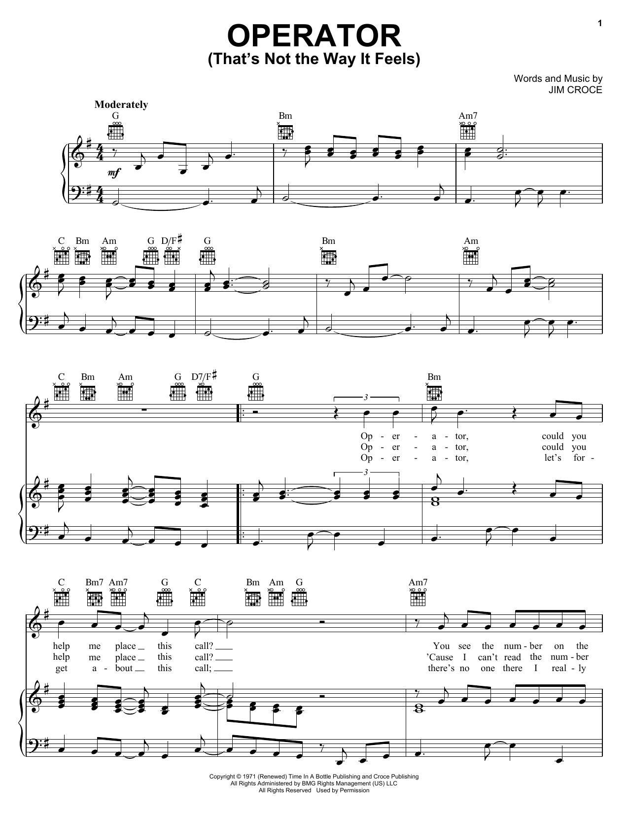 Jim Croce Operator (That's Not The Way It Feels) sheet music notes and chords. Download Printable PDF.