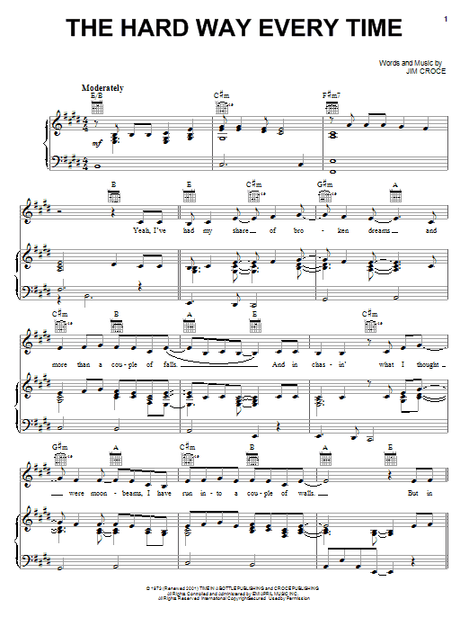 Learn to play Jim Croce The Hard Way Every Time sheet music for Piano, Vocal & Guitar (Right-Hand Melody) in minutes. Jim Croce The Hard Way Every Time sheet music notes and chords
