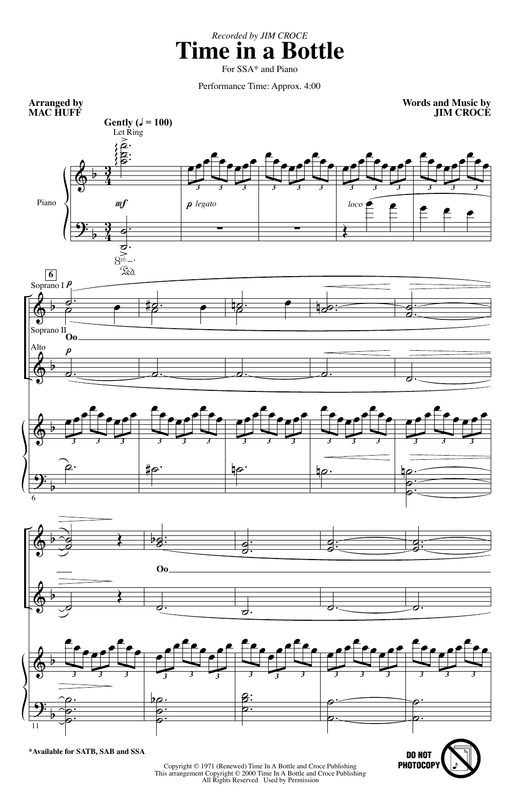 Learn to play Jim Croce Time In A Bottle (arr. Mac Huff) sheet music for SSA Choir in minutes. Price: 3.9900$ Jim Croce Time In A Bottle (arr. Mac Huff) sheet music notes and chords arranged for SSA Choir