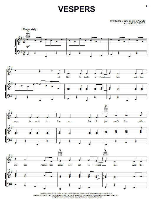 Jim Croce Vespers sheet music notes and chords. Download Printable PDF.