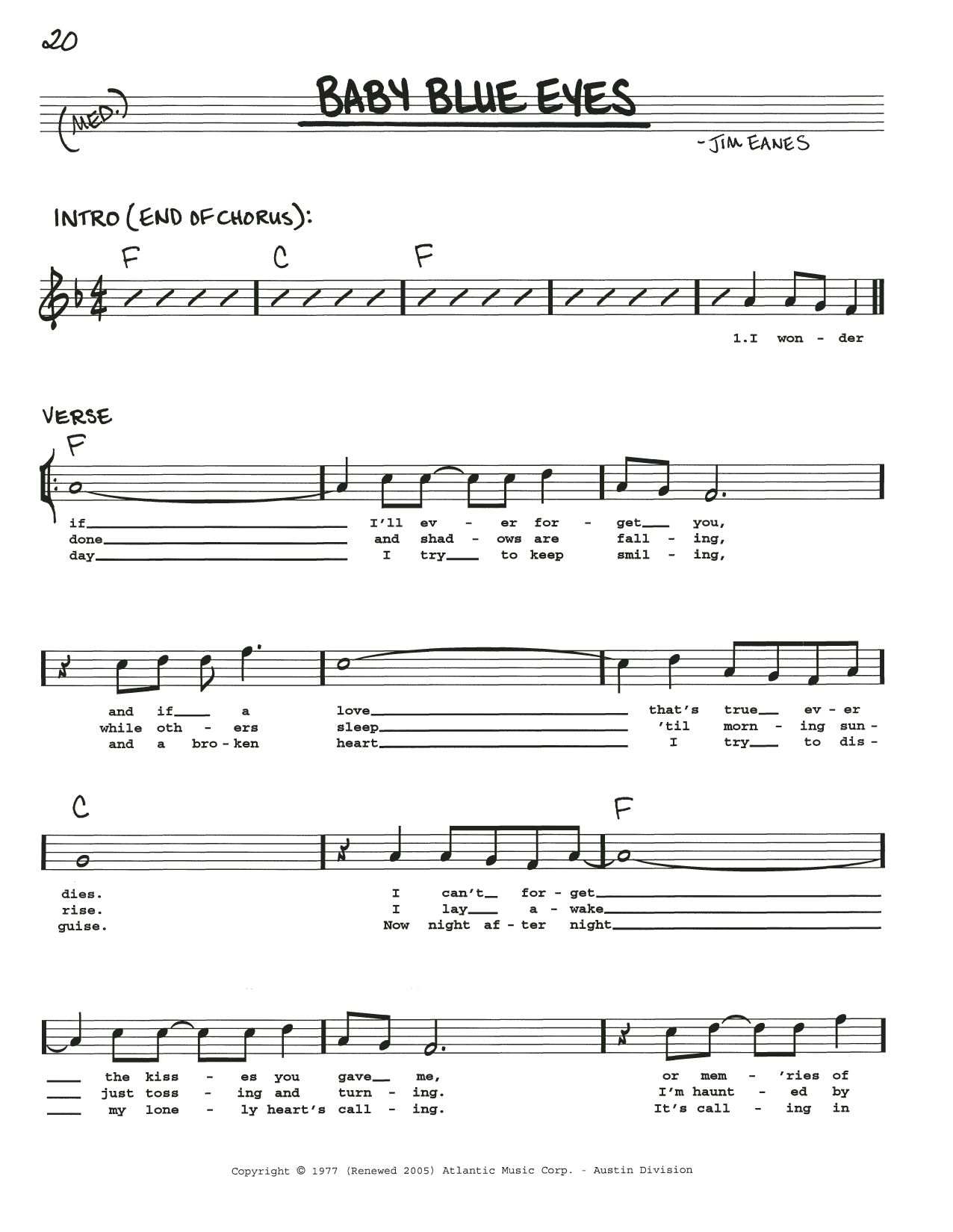 Jim Eanes Baby Blue Eyes sheet music notes and chords. Download Printable PDF.