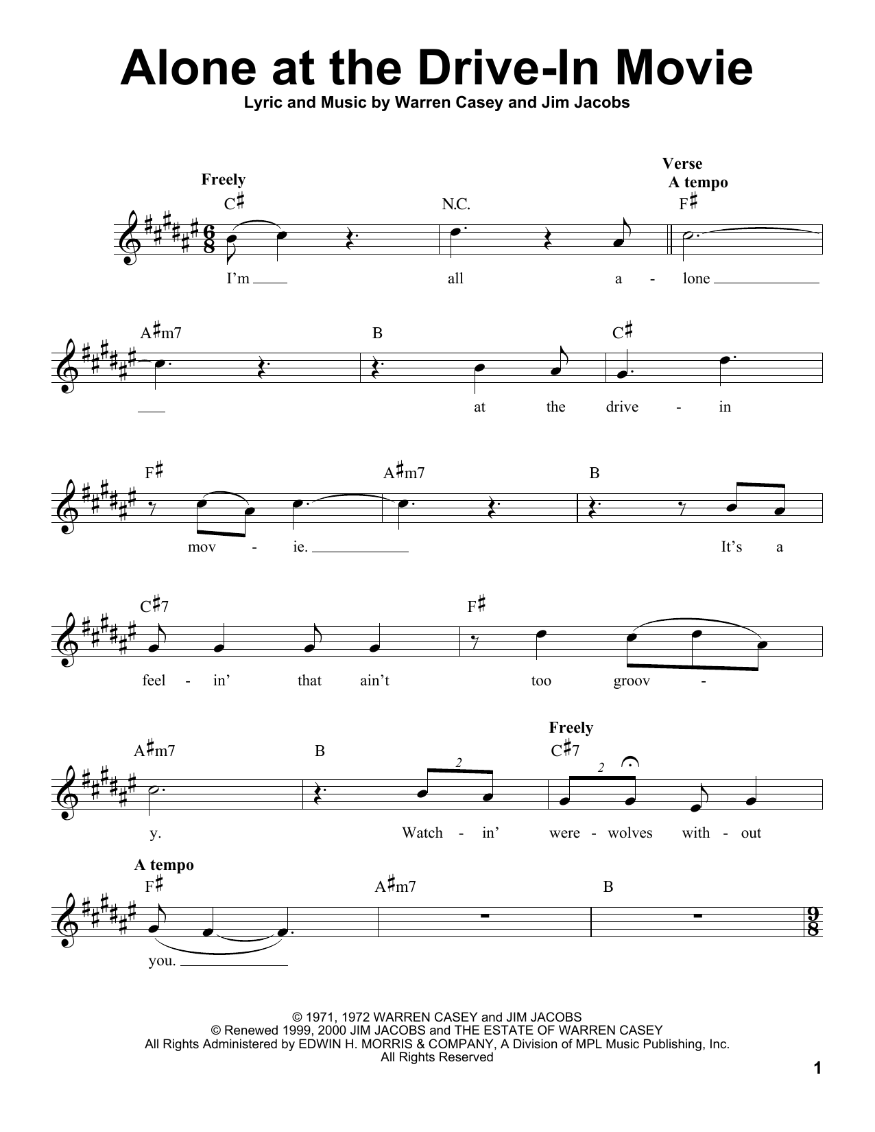 Learn to play Jim Jacobs Alone At The Drive-In Movie sheet music for Pro Vocal in minutes. Price: 6.9900$ Jim Jacobs Alone At The Drive-In Movie sheet music notes and chords arranged for Pro Vocal