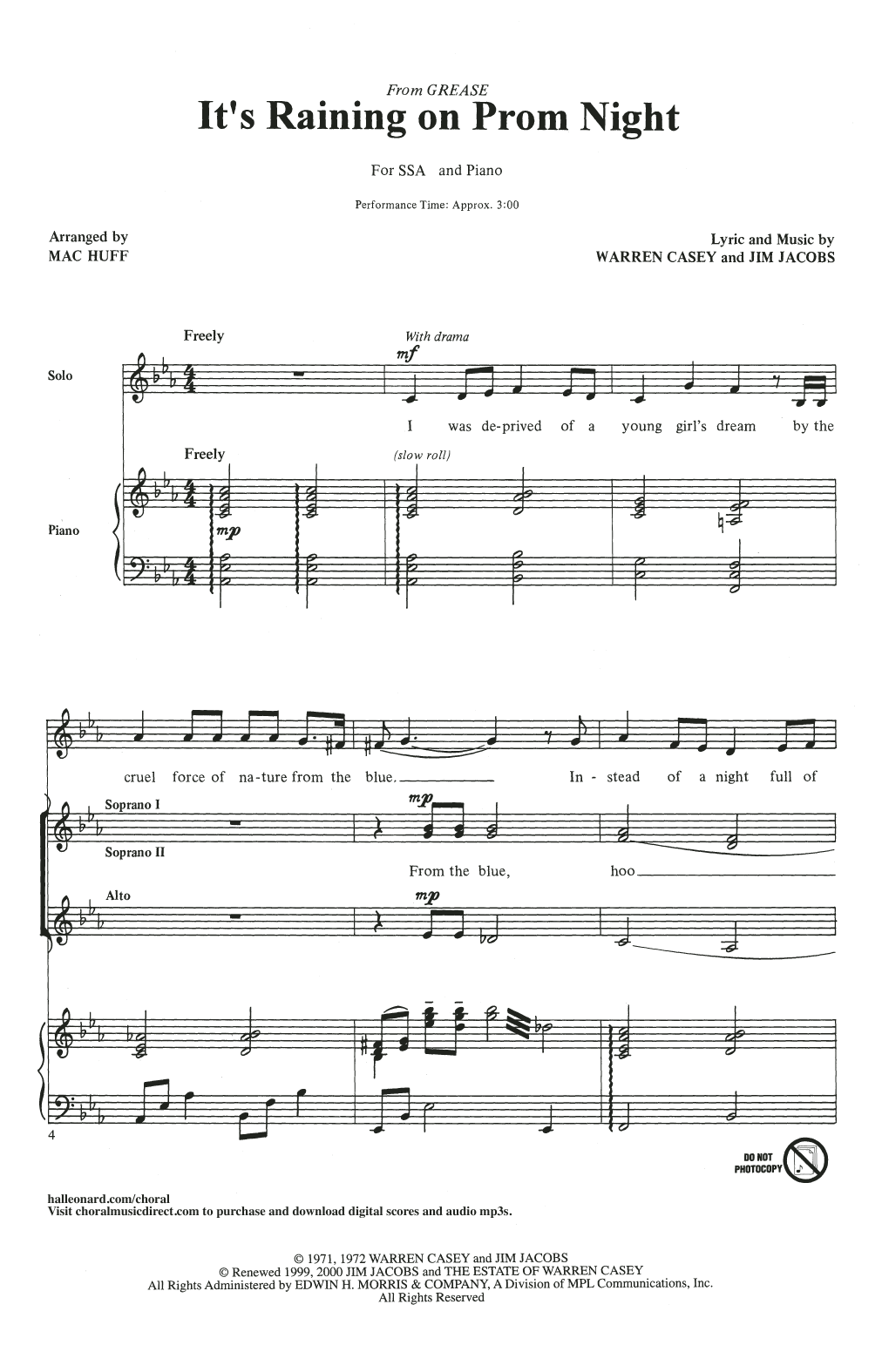 Learn to play Jim Jacobs & Warren Casey It's Raining On Prom Night (arr. Mac Huff) sheet music for SSA Choir in minutes. Price: 3.9900$ Jim Jacobs & Warren Casey It's Raining On Prom Night (arr. Mac Huff) sheet music notes and chords arranged for SSA Choir