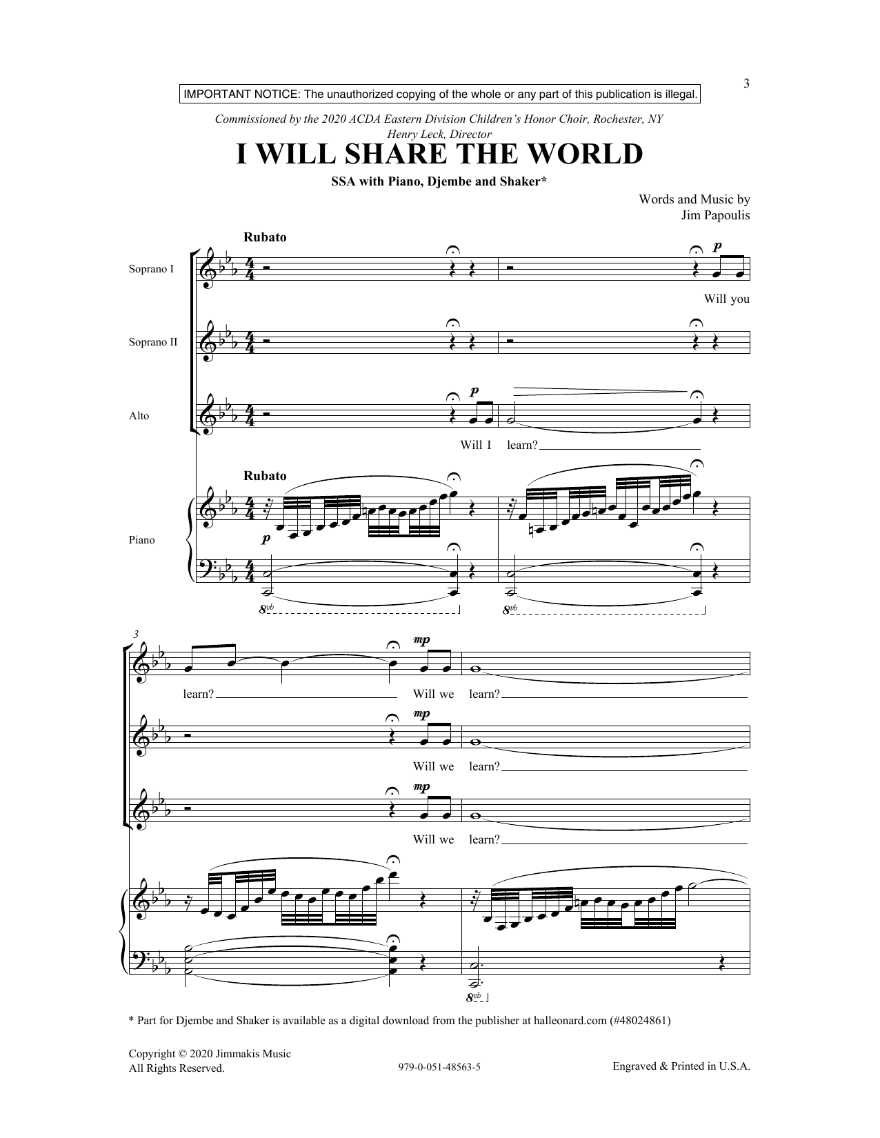 Learn to play Jim Papoulis I Will Share The World sheet music for SSA Choir in minutes. Price: 3.9900$ Jim Papoulis I Will Share The World sheet music notes and chords arranged for SSA Choir