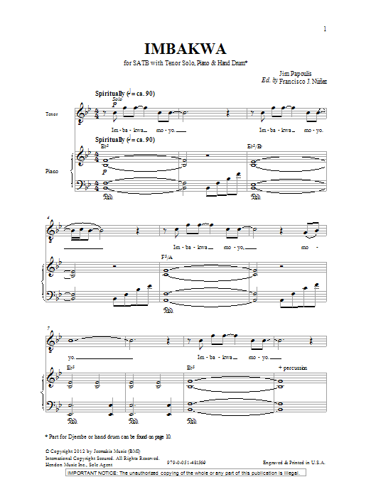 Jim Papoulis Imbakwa sheet music notes and chords. Download Printable PDF.