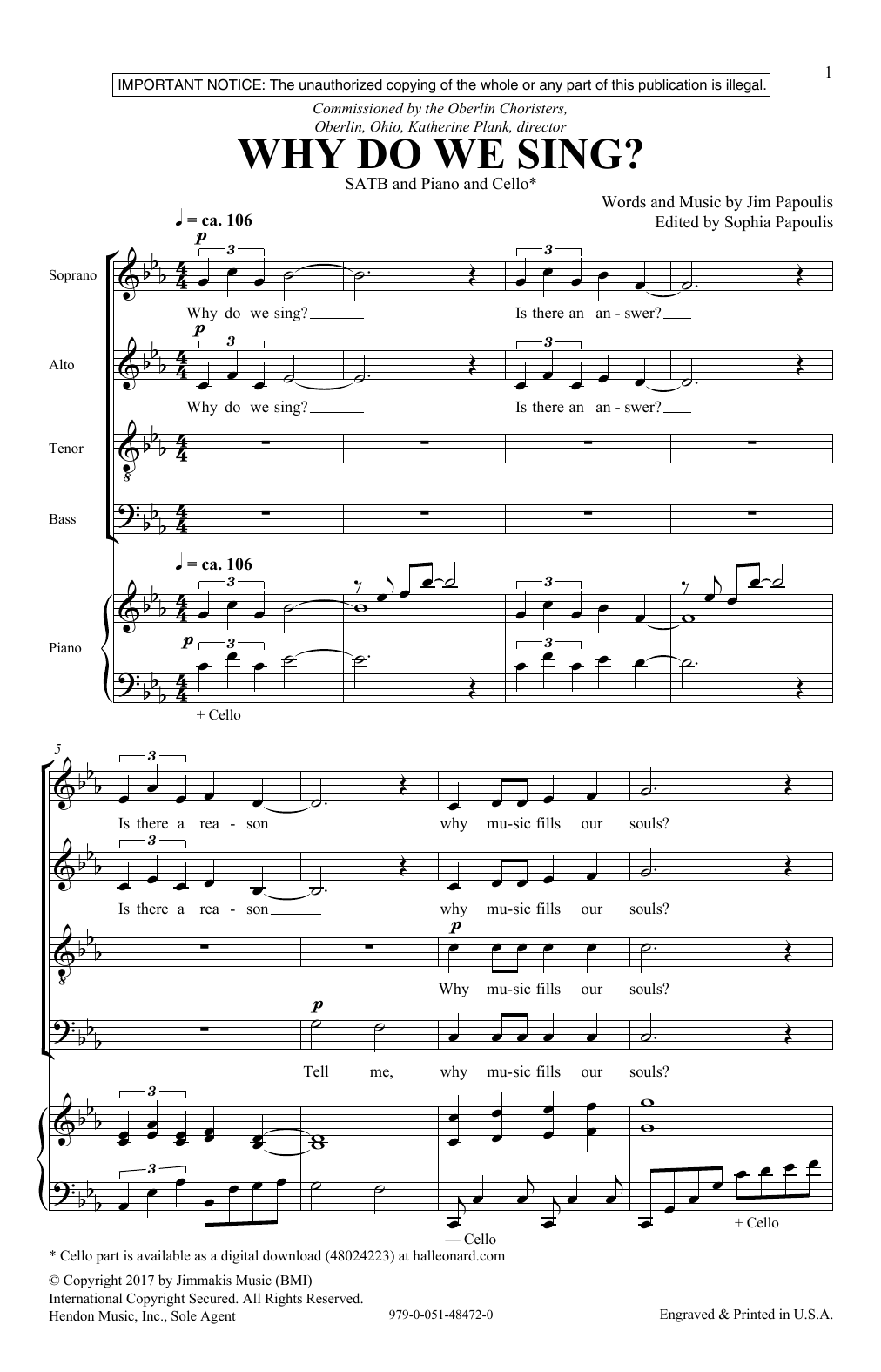 Learn to play Jim Papoulis Why Do We Sing sheet music for SATB Choir in minutes. Price: 3.9900$ Jim Papoulis Why Do We Sing sheet music notes and chords arranged for SATB Choir