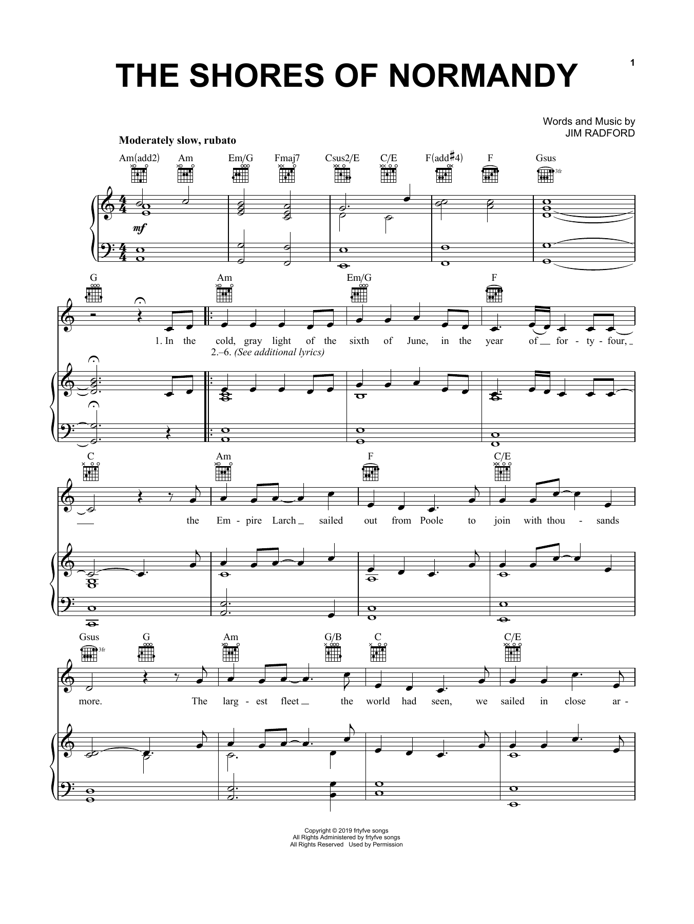Learn to play Jim Radford The Shores Of Normandy sheet music for Piano, Vocal & Guitar Chords (Right-Hand Melody) in minutes. Price: 7.8900$ Jim Radford The Shores Of Normandy sheet music notes and chords arranged for Piano, Vocal & Guitar Chords (Right-Hand Melody)