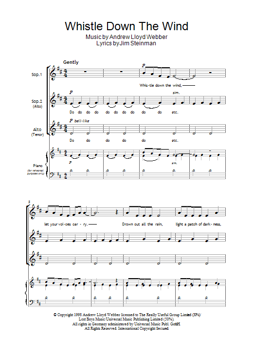 Learn to play Jim Steinman Whistle Down The Wind sheet music for SSA Choir in minutes. Price: 3.9900$ Jim Steinman Whistle Down The Wind sheet music notes and chords arranged for SSA Choir