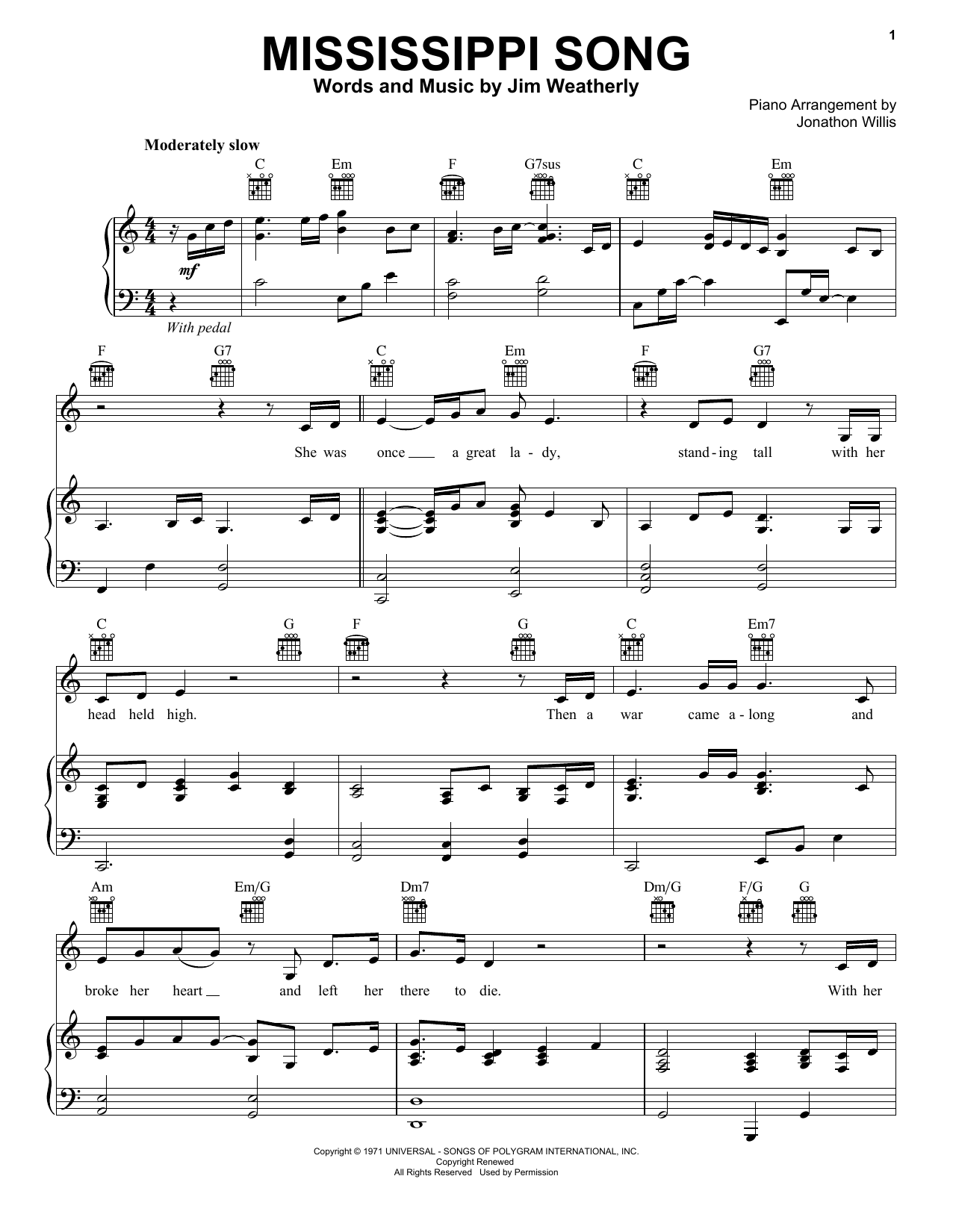 Jim Weatherly Mississippi Song sheet music notes and chords. Download Printable PDF.