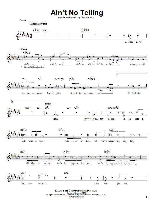 Jimi Hendrix Ain't No Telling sheet music notes and chords - Download Printable PDF and start playing in minutes.