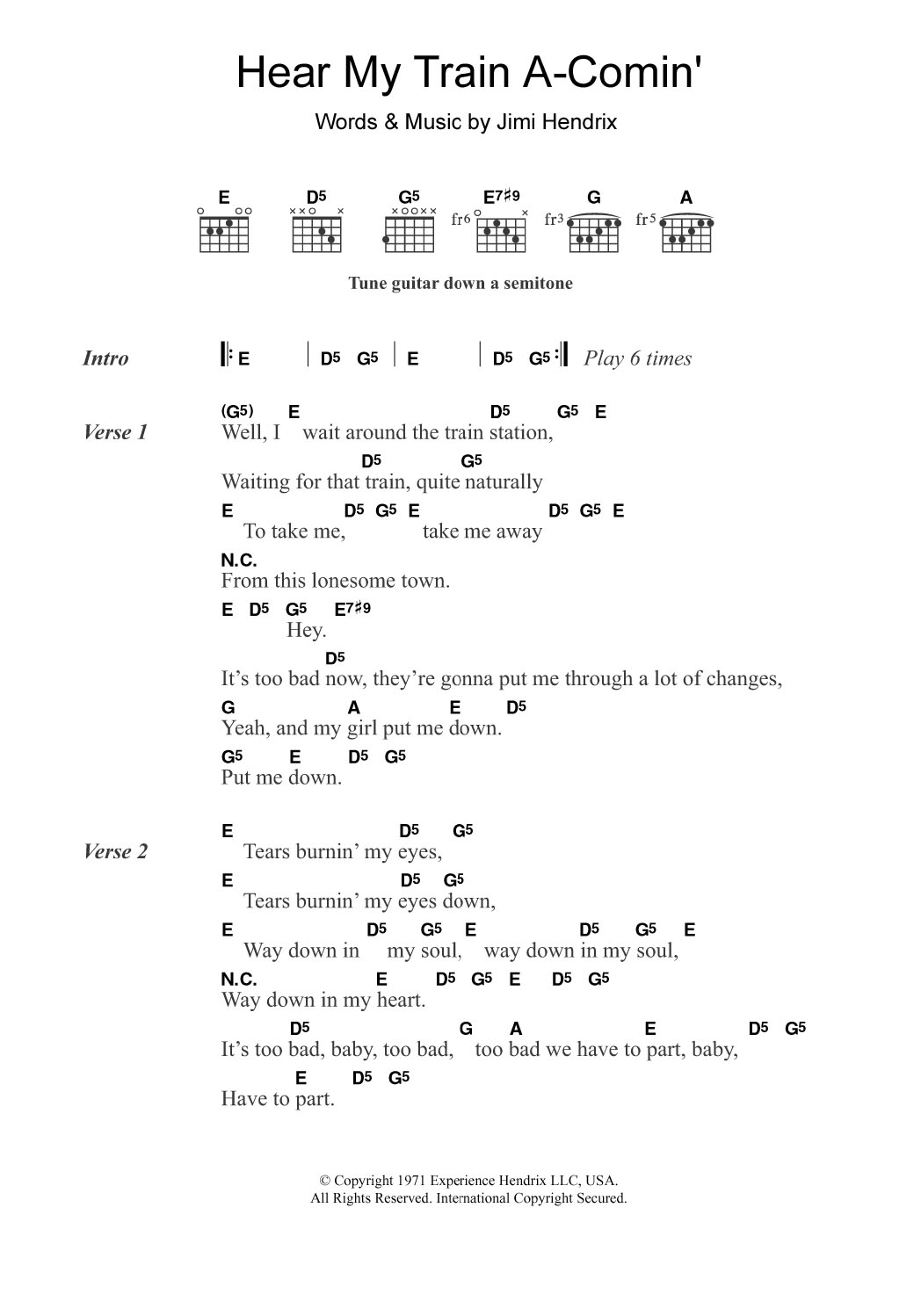 Jimi Hendrix Hear My Train A-Comin' sheet music notes and chords. Download Printable PDF.