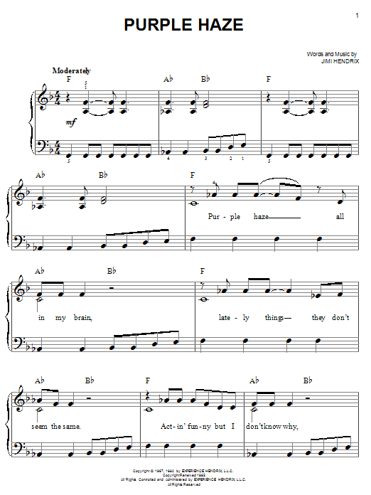 Learn to play Jimi Hendrix Purple Haze sheet music for Easy Piano in minutes. Price: 6.9900$ Jimi Hendrix Purple Haze sheet music notes and chords arranged for Easy Piano