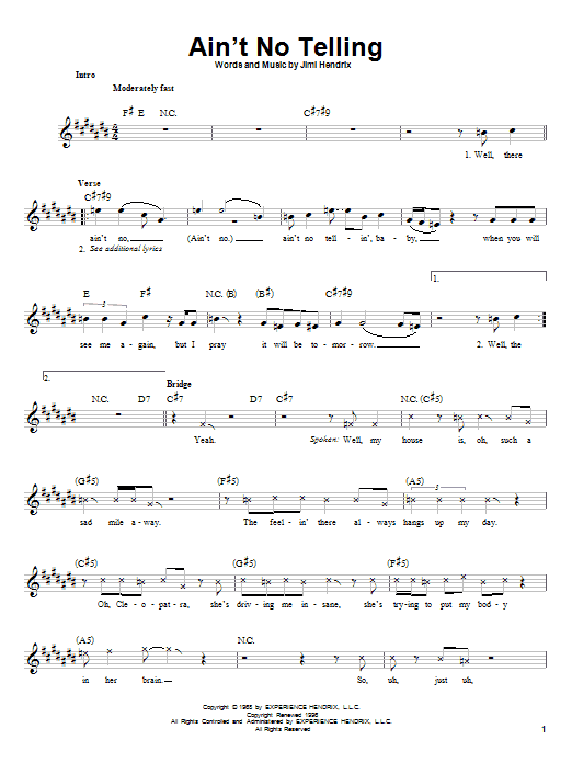 Learn to play Jimi Hendrix Ain't No Telling sheet music for Lead Sheet / Fake Book in minutes. Price: 4.9900$ Jimi Hendrix Ain't No Telling sheet music notes and chords. Download Printable PDF.