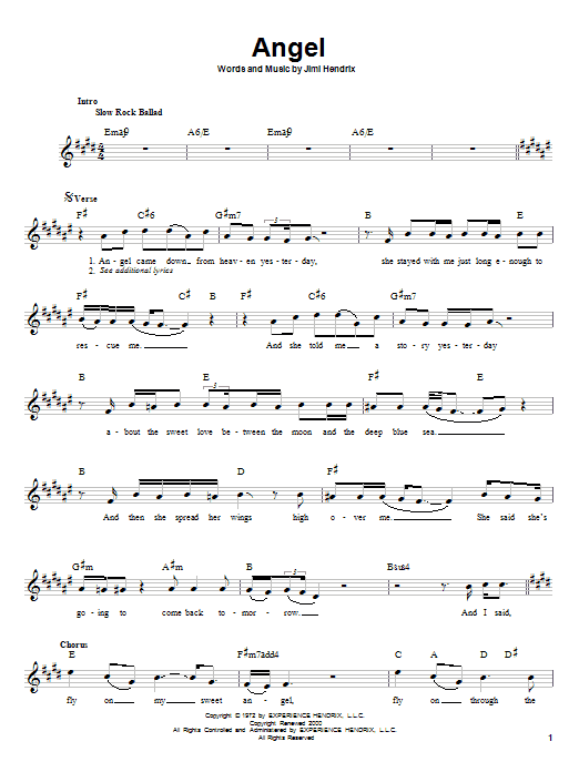 Jimi Hendrix Angel sheet music notes and chords. Download Printable PDF.