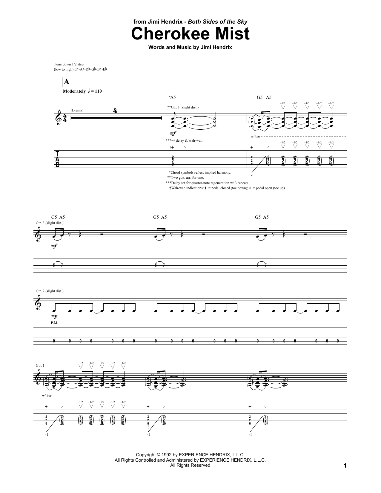 Jimi Hendrix Cherokee Mist sheet music notes and chords. Download Printable PDF.