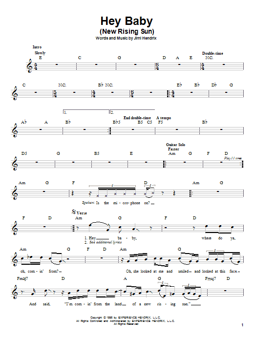 Jimi Hendrix Hey Baby New Rising Sun Sheet Music Pdf Notes Chords Pop Score Guitar Tab Download Printable Sku 51883