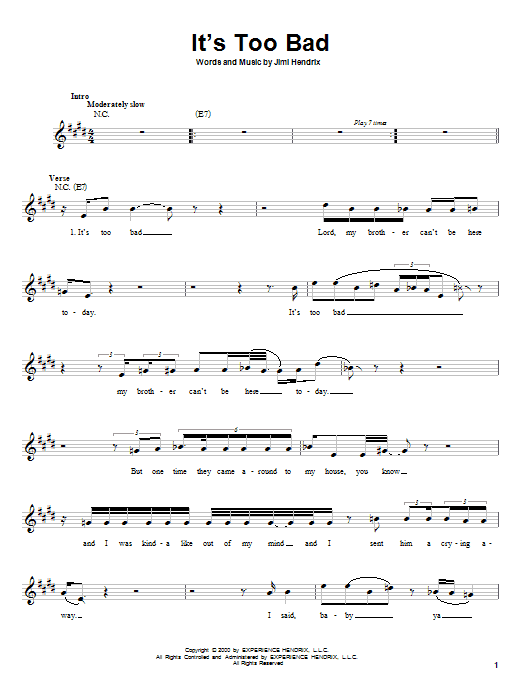 Learn to play Jimi Hendrix It's Too Bad sheet music for Lead Sheet / Fake Book in minutes. Jimi Hendrix It's Too Bad sheet music notes and chords. Download Printable PDF.