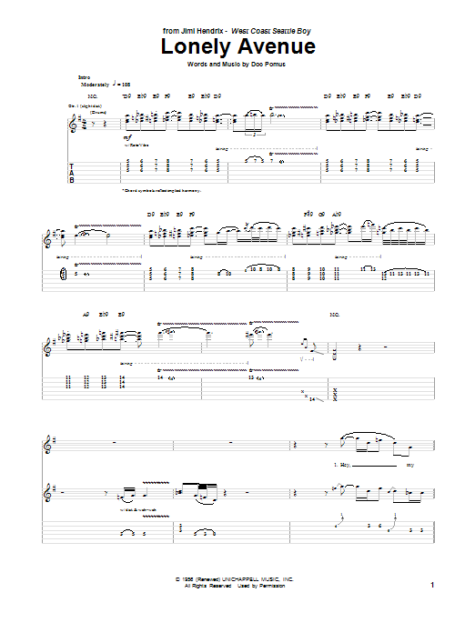 Jimi Hendrix Lonely Avenue sheet music notes and chords. Download Printable PDF.