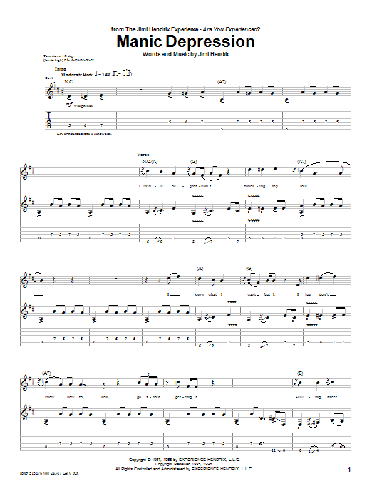 Jimi Hendrix Manic Depression sheet music notes and chords. Download Printable PDF.