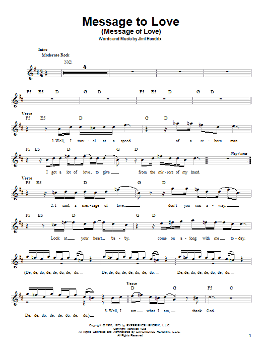 Jimi Hendrix Message To Love (Message Of Love) sheet music notes and chords. Download Printable PDF.
