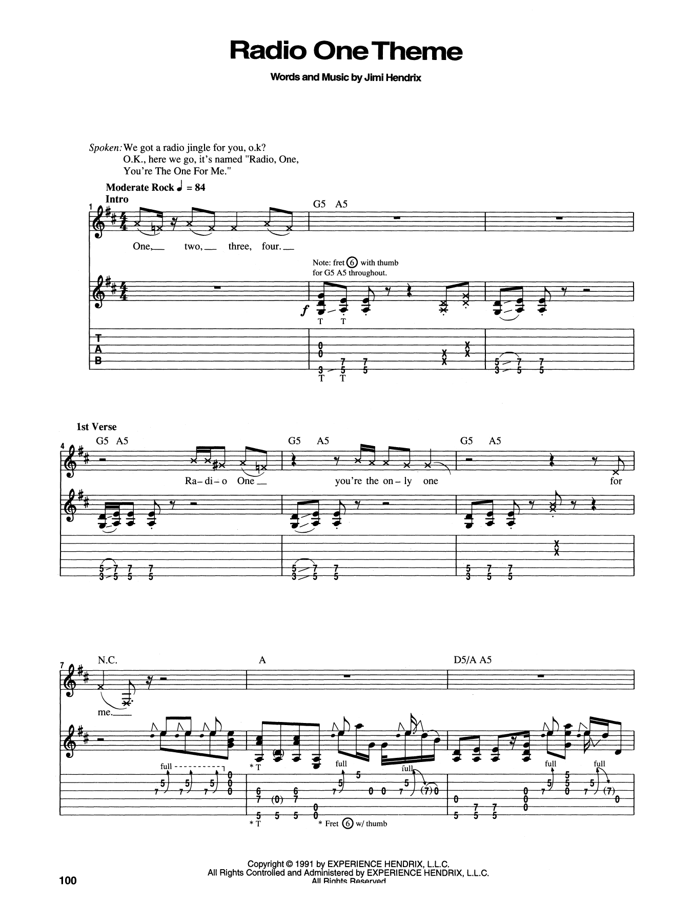 Jimi Hendrix Radio One Theme sheet music notes and chords. Download Printable PDF.