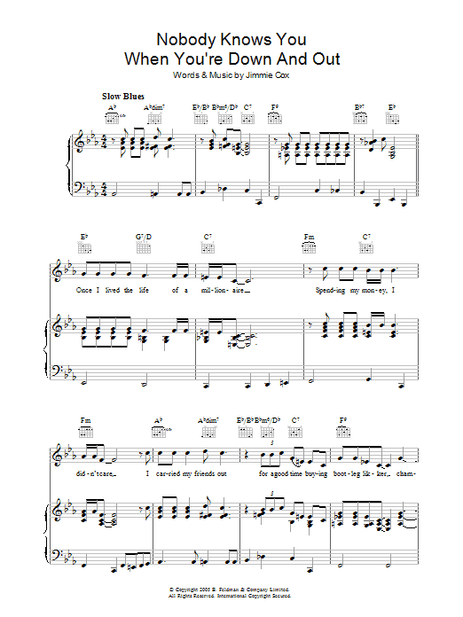 Jimmie Cox Nobody Knows You When You're Down And Out sheet music notes and chords. Download Printable PDF.