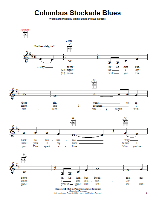 Jimmie Davis Columbus Stockade Blues sheet music notes and chords. Download Printable PDF.