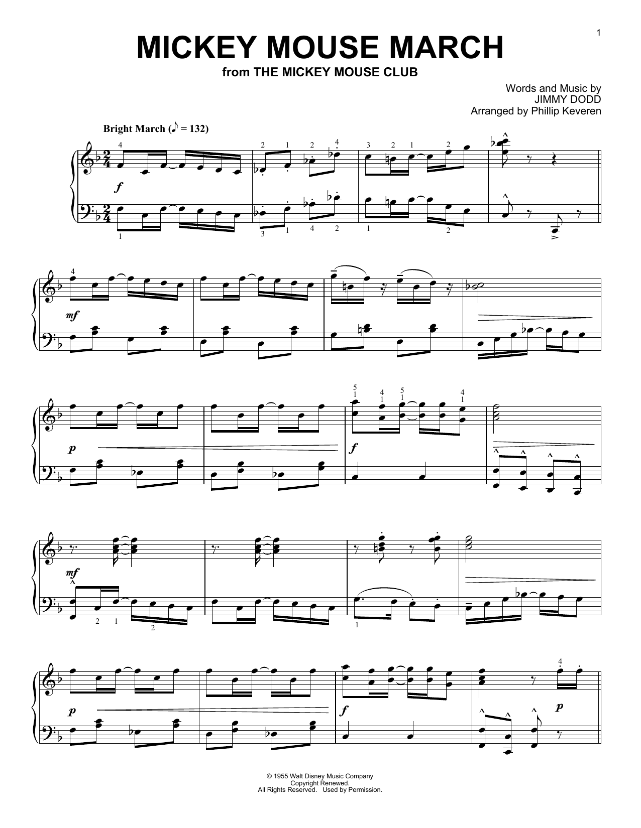 Jimmie Dodd Mickey Mouse March [Ragtime version] (arr. Phillip Keveren) sheet music notes and chords arranged for Piano Solo