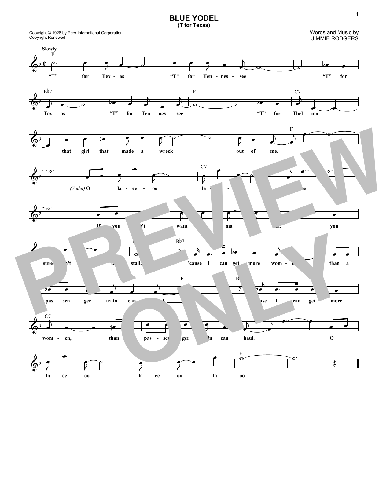 Learn to play Jimmie Rodgers Blue Yodel No. 1 (T For Texas) sheet music for Banjo Tab in minutes. Price: 7.8900$ Jimmie Rodgers Blue Yodel No. 1 (T For Texas) sheet music notes and chords arranged for Banjo Tab