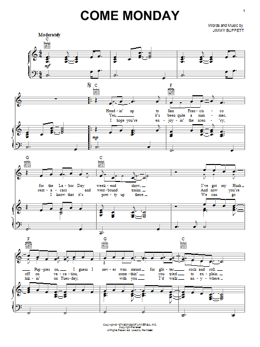 Jimmy Buffett Come Monday sheet music notes and chords. Download Printable PDF.
