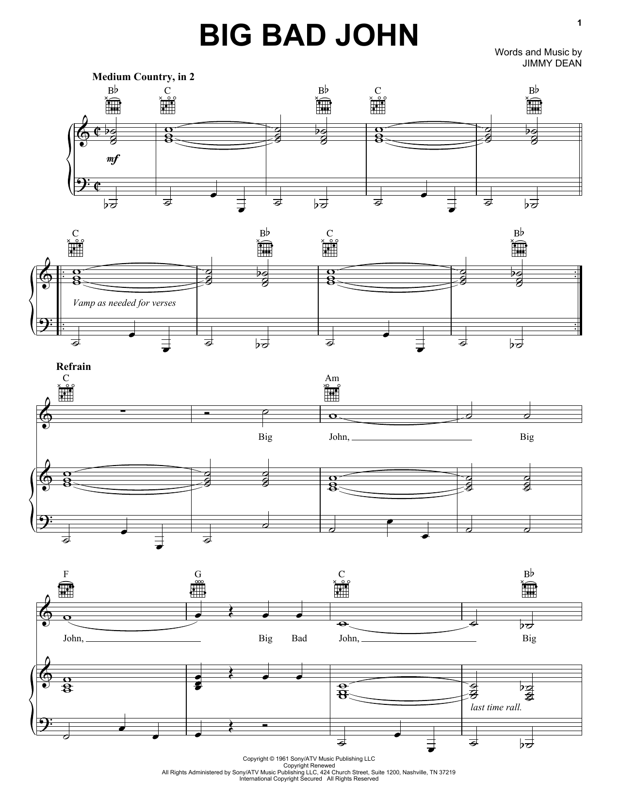 Jimmy Dean Big Bad John sheet music notes and chords. Download Printable PDF.