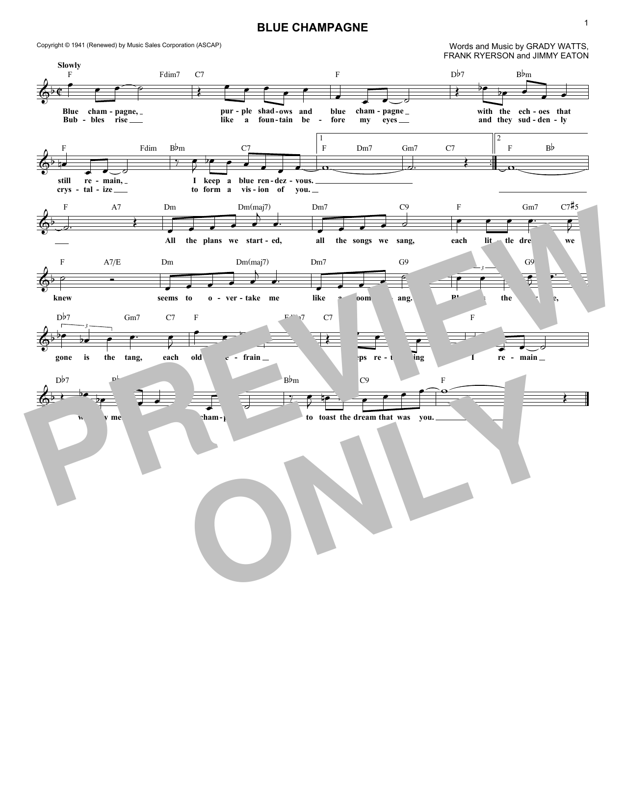 Jimmy Eaton Blue Champagne sheet music notes and chords. Download Printable PDF.