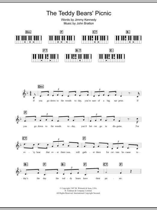 Learn to play John Bratton The Teddy Bears' Picnic sheet music for Piano Chords/Lyrics in minutes. Price: 3.9900$ John Bratton The Teddy Bears' Picnic sheet music notes and chords arranged for Piano Chords/Lyrics