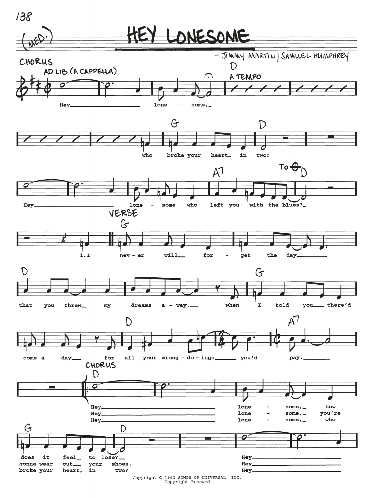 Jimmy Martin Hey Lonesome sheet music notes and chords. Download Printable PDF.