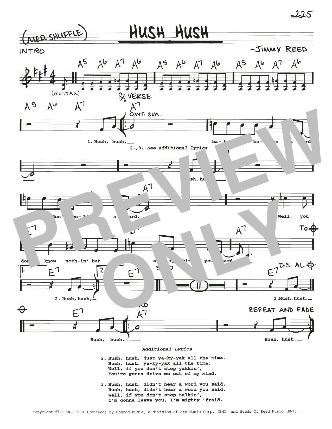 Jimmy Reed Hush Hush sheet music notes and chords. Download Printable PDF.