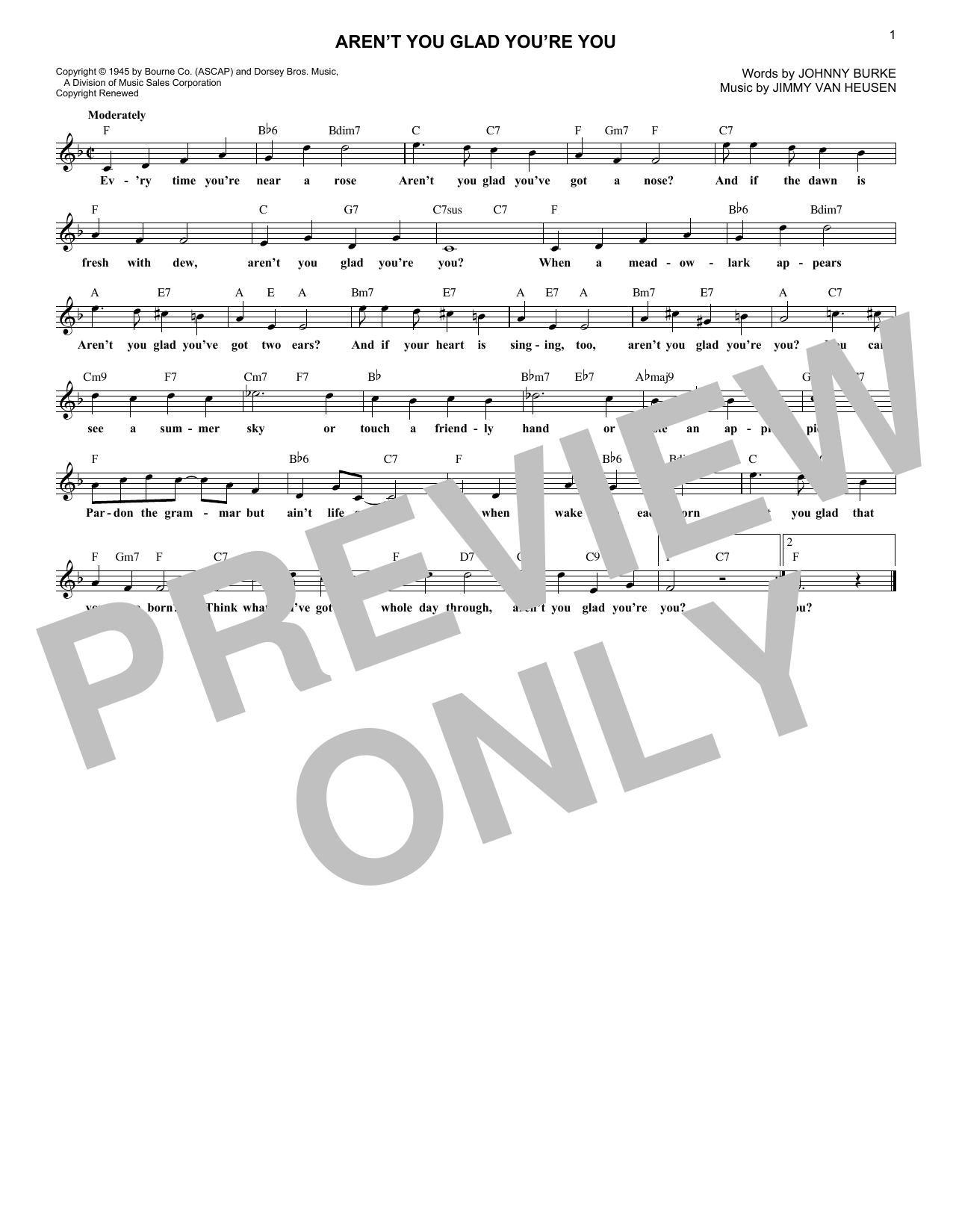 Jimmy Van Heusen Aren't You Glad You're You sheet music notes and chords arranged for Lead Sheet / Fake Book