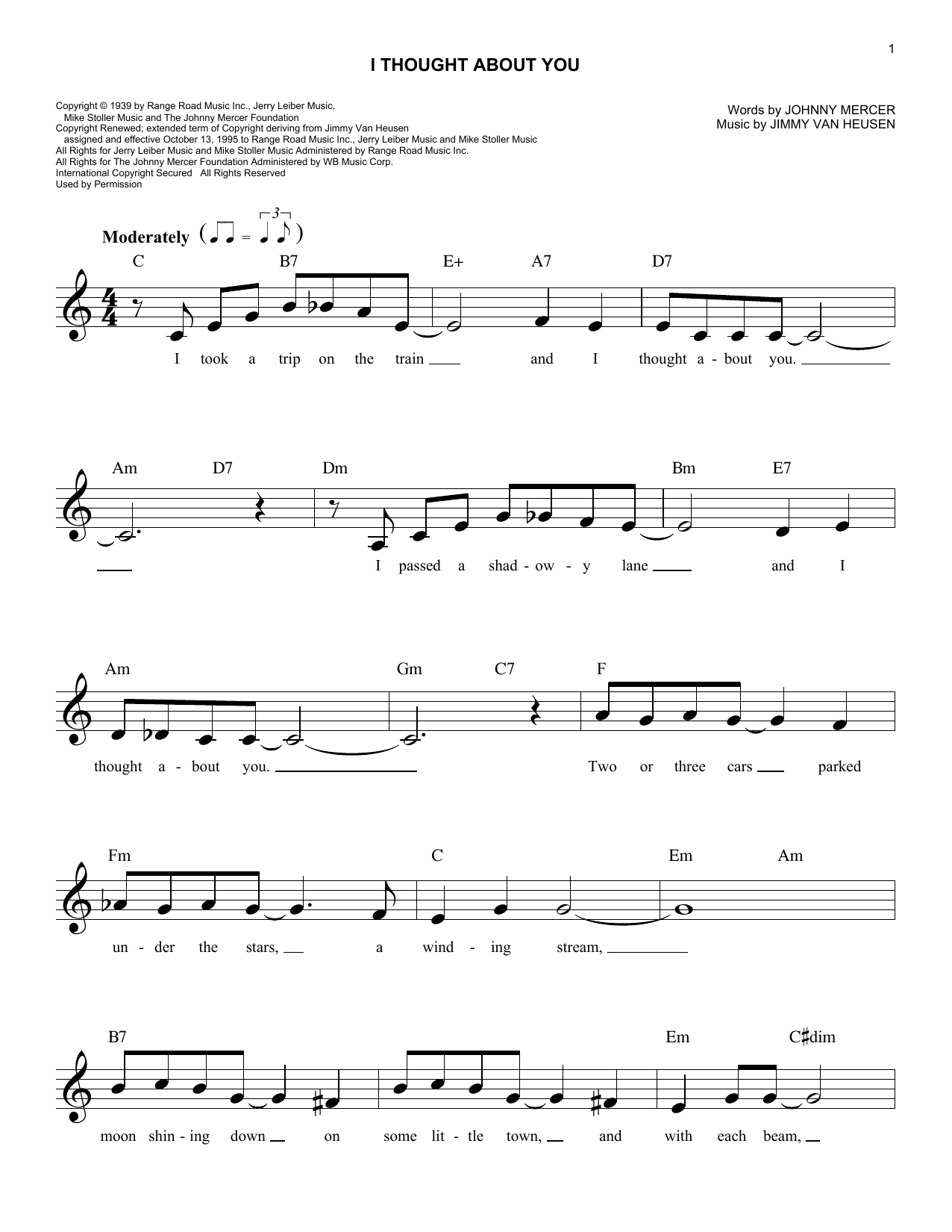 Learn to play Jimmy Van Heusen I Thought About You sheet music for Lead Sheet / Fake Book in minutes. Jimmy Van Heusen I Thought About You sheet music notes and chords. Download Printable PDF.