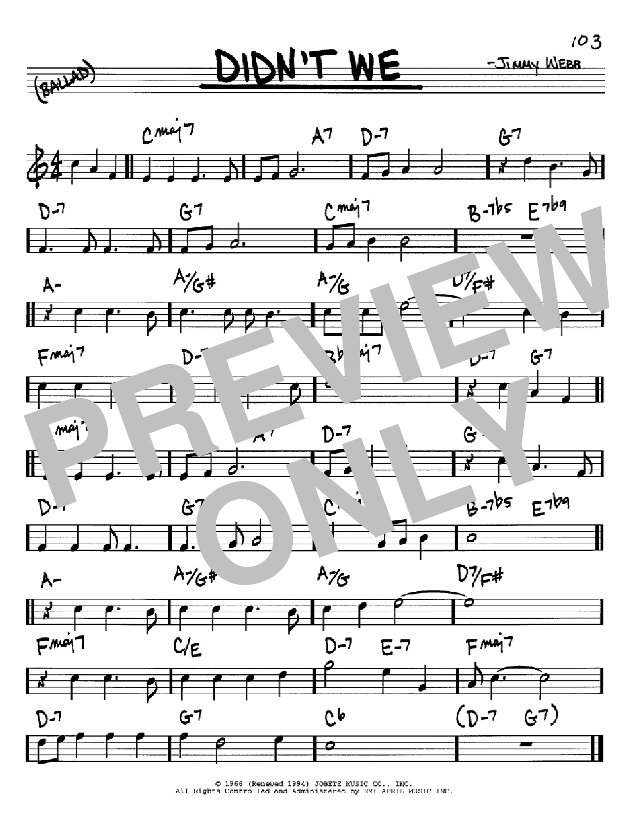 Jimmy Webb Didn't We sheet music notes and chords. Download Printable PDF.