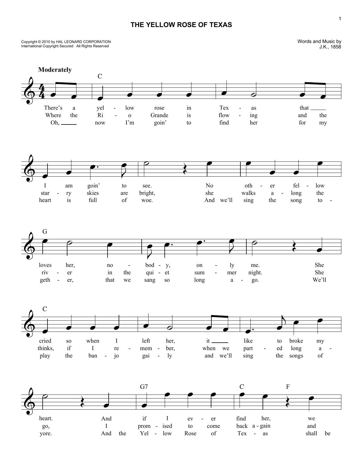 Traditional The Yellow Rose Of Texas sheet music notes and chords. Download Printable PDF.