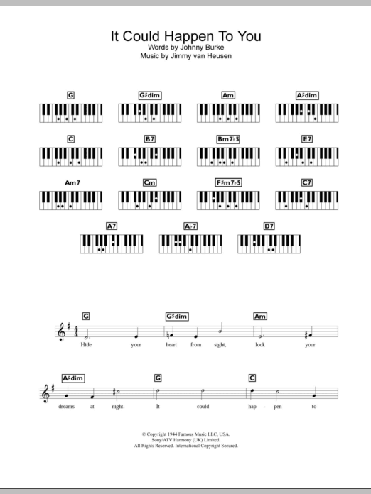 Learn to play Jo Stafford It Could Happen To You sheet music for Piano Chords/Lyrics in minutes. Price: 3.9900$ Jo Stafford It Could Happen To You sheet music notes and chords arranged for Piano Chords/Lyrics